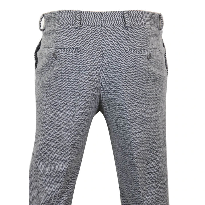 Mens Grey Charcoal Tweed Herringbone Wool Trousers