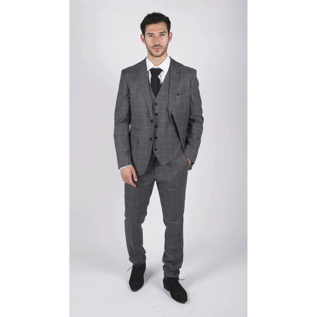 Mens Grey Check 3 Piece Suit Vintage Retro Smart Wedding Classic Tailored Fit Light