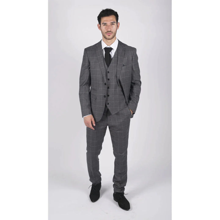 Mens Grey Check 3 Piece Suit Vintage Retro Smart Wedding Classic Tailored Fit Light