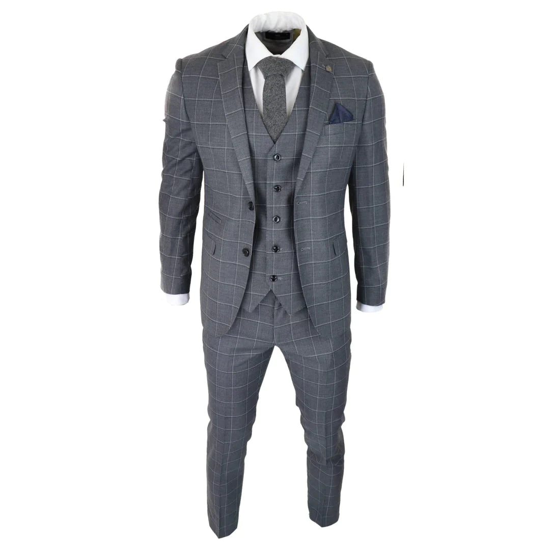 Mens Grey Check 3 Piece Suit Vintage Retro Smart Wedding Classic Tailored Fit Light