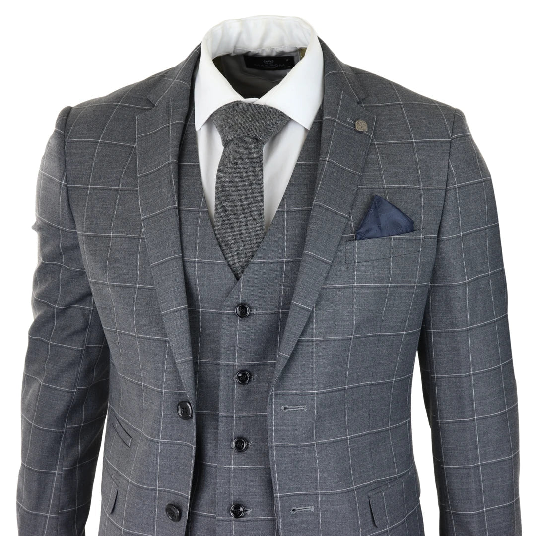 Mens Grey Check 3 Piece Suit Vintage Retro Smart Wedding Classic Tailored Fit Light