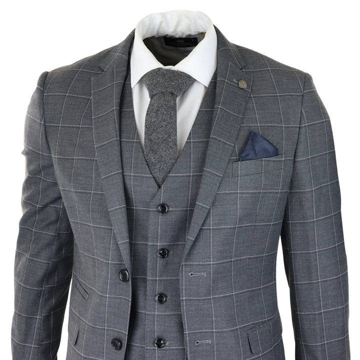 Mens Grey Check 3 Piece Suit Vintage Retro Smart Wedding Classic Tailored Fit Light