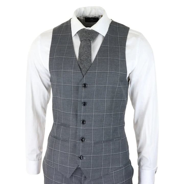 Mens Grey Check 3 Piece Suit Vintage Retro Smart Wedding Classic Tailored Fit Light