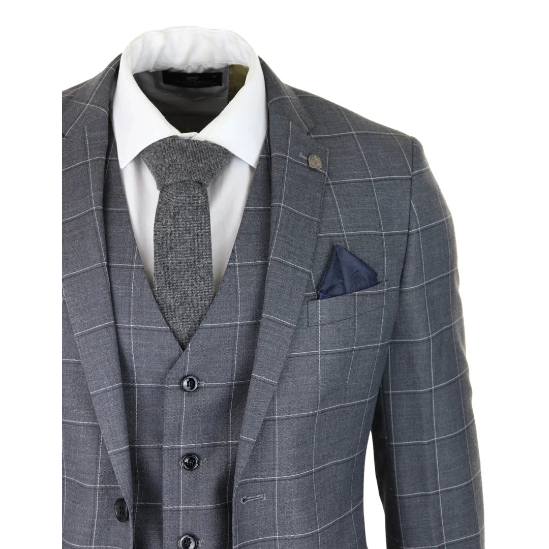 Mens Grey Check 3 Piece Suit Vintage Retro Smart Wedding Classic Tailored Fit Light