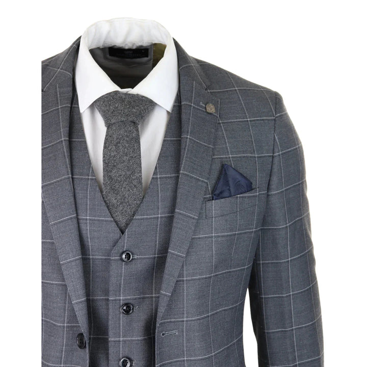 Mens Grey Check 3 Piece Suit Vintage Retro Smart Wedding Classic Tailored Fit Light