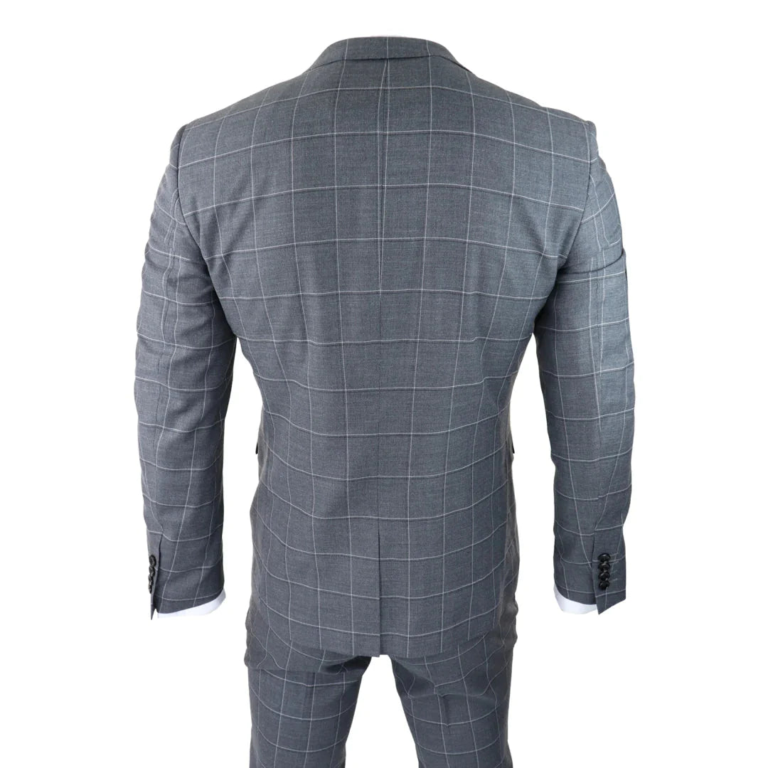 Mens Grey Check 3 Piece Suit Vintage Retro Smart Wedding Classic Tailored Fit Light