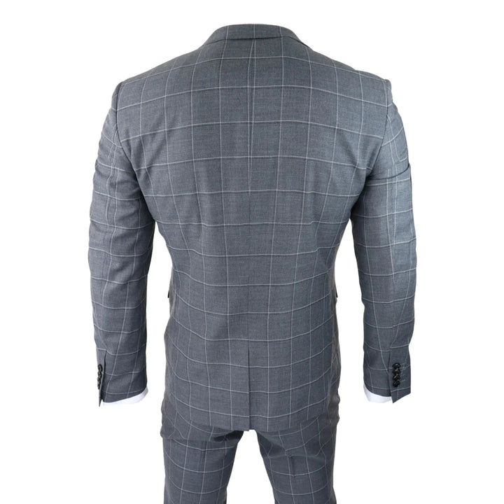 Mens Grey Check 3 Piece Suit Vintage Retro Smart Wedding Classic Tailored Fit Light