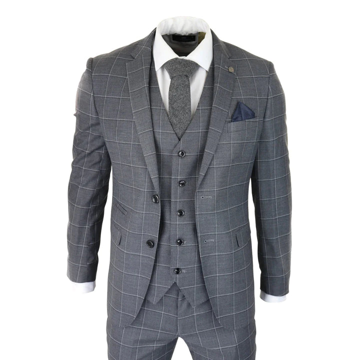 Mens Grey Check 3 Piece Suit Vintage Retro Smart Wedding Classic Tailored Fit Light