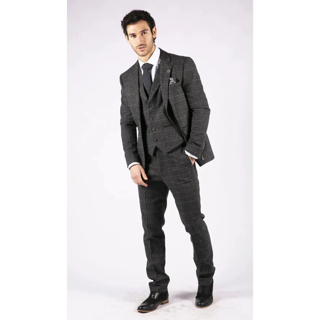 Mens Grey Tweed 3 Piece Suit Blue Check Vintage 1920s Gatsby Blinders Tailored Fit