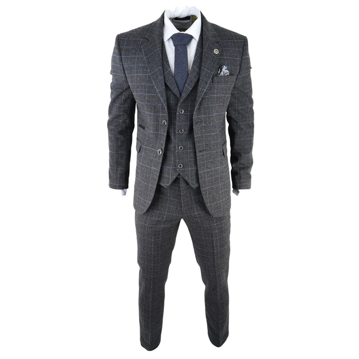 Mens Grey Tweed 3 Piece Suit Blue Check Vintage 1920s Gatsby Blinders Tailored Fit