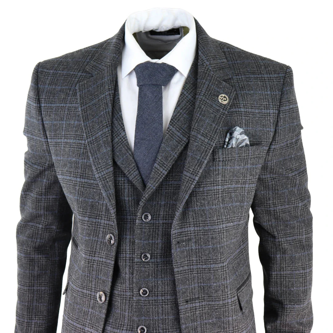 Mens Grey Tweed 3 Piece Suit Blue Check Vintage 1920s Gatsby Blinders Tailored Fit