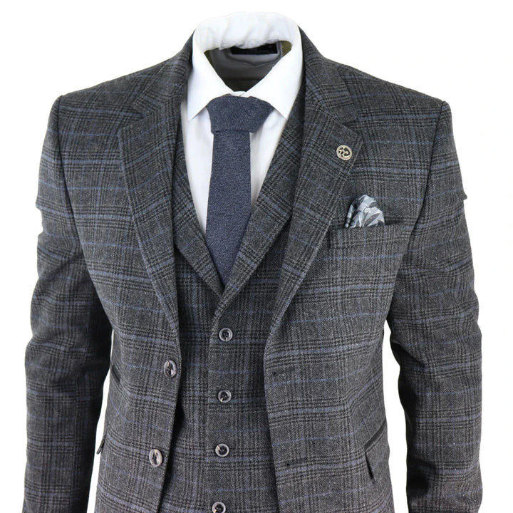 Mens Grey Tweed 3 Piece Suit Blue Check Vintage 1920s Gatsby Blinders Tailored Fit