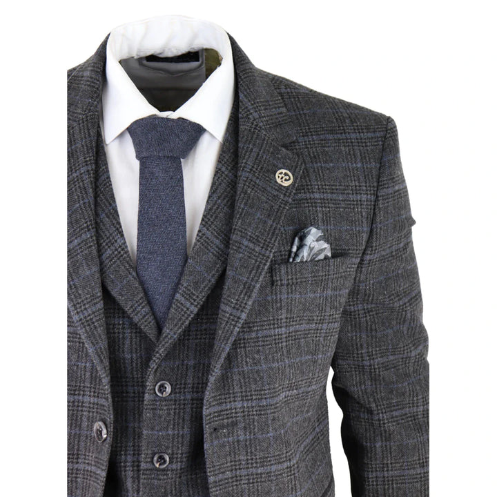 Mens Grey Tweed 3 Piece Suit Blue Check Vintage 1920s Gatsby Blinders Tailored Fit
