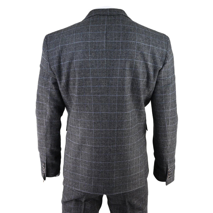 Mens Grey Tweed 3 Piece Suit Blue Check Vintage 1920s Gatsby Blinders Tailored Fit