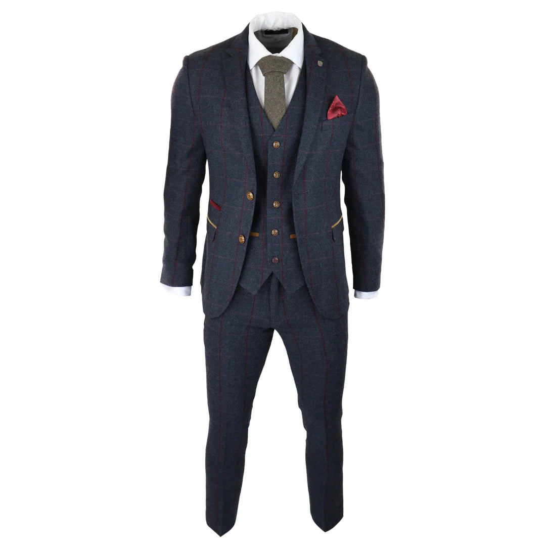 Mens Herringbone Tweed 3 Piece Navy Red Check Suit Vintage 1920s Tailored Fit