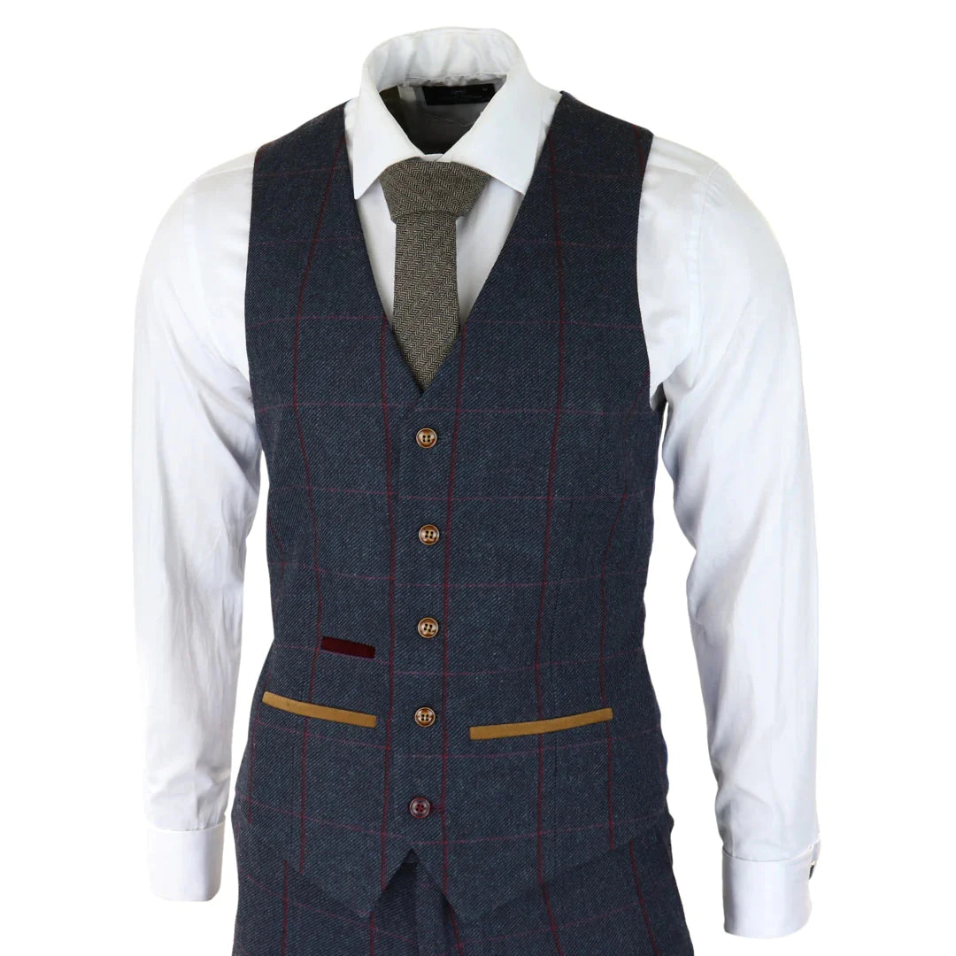 Mens Herringbone Tweed 3 Piece Navy Red Check Suit Vintage 1920s Tailored Fit