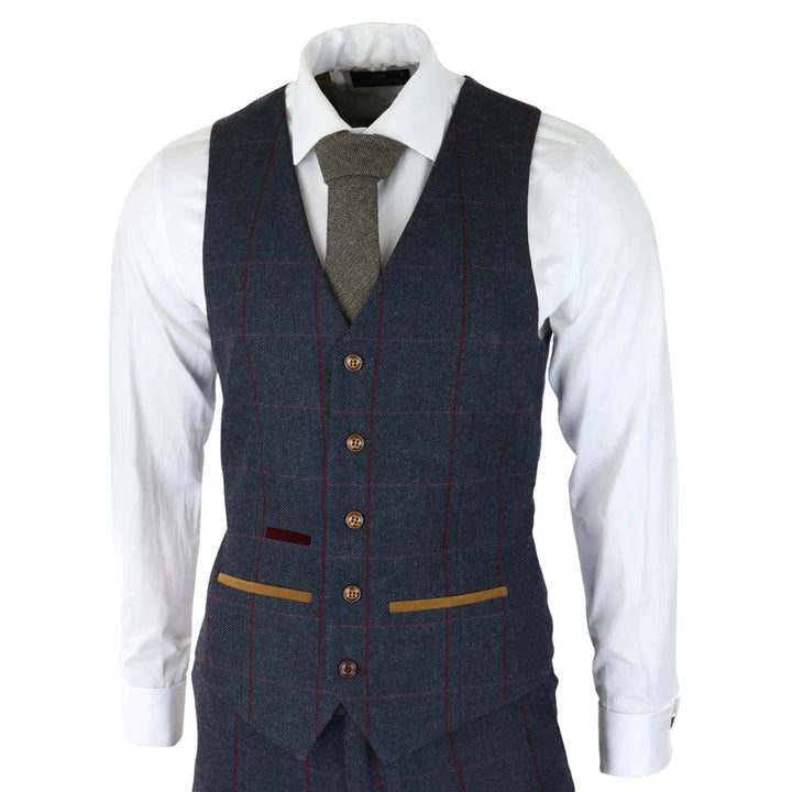 Mens Herringbone Tweed 3 Piece Navy Red Check Suit Vintage 1920s Tailored Fit