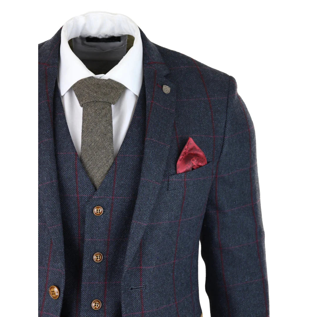 Mens Herringbone Tweed 3 Piece Navy Red Check Suit Vintage 1920s Tailored Fit