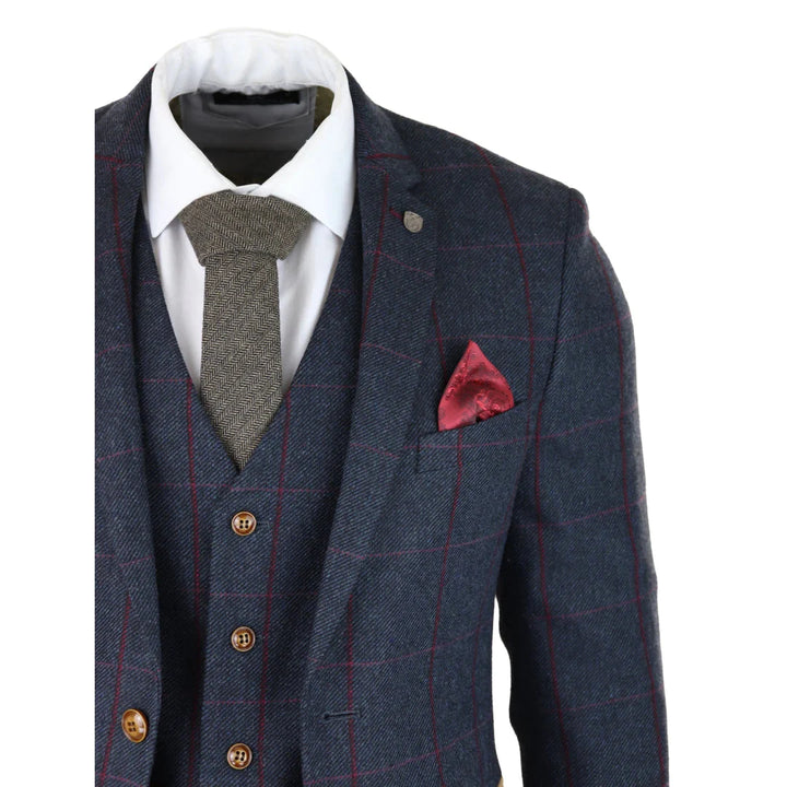 Mens Herringbone Tweed 3 Piece Navy Red Check Suit Vintage 1920s Tailored Fit