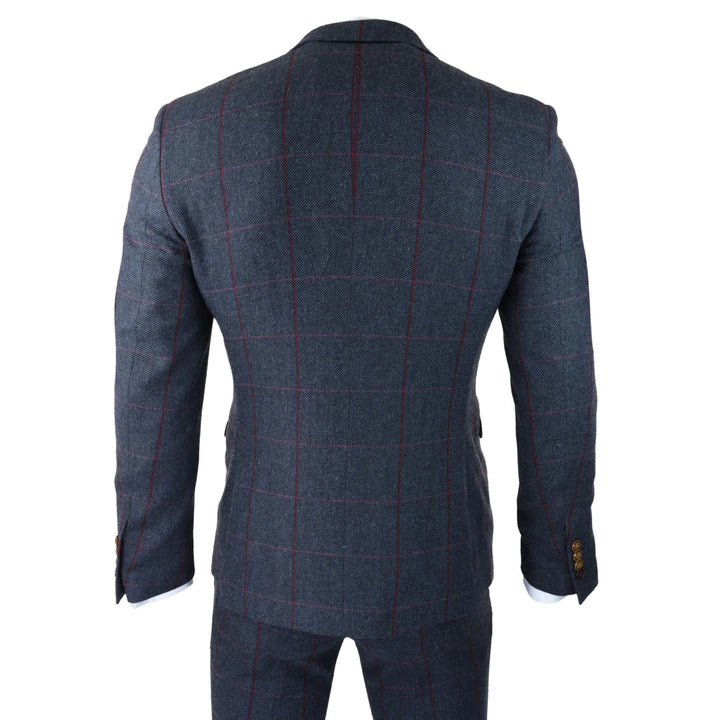 Mens Herringbone Tweed 3 Piece Navy Red Check Suit Vintage 1920s Tailored Fit