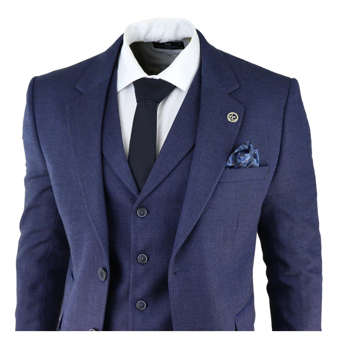 Mens Herringbone Tweed 3 Piece Suit Blue Classic Vintage Tailored Wedding Blinders
