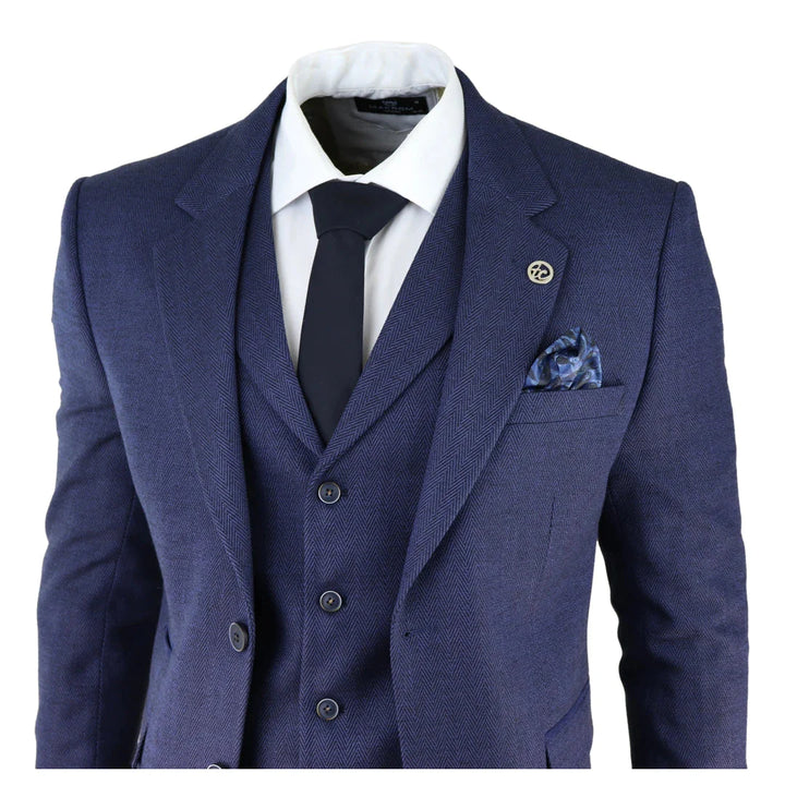 Mens Herringbone Tweed 3 Piece Suit Blue Classic Vintage Tailored Wedding Blinders
