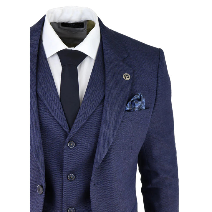 Mens Herringbone Tweed 3 Piece Suit Blue Classic Vintage Tailored Wedding Blinders