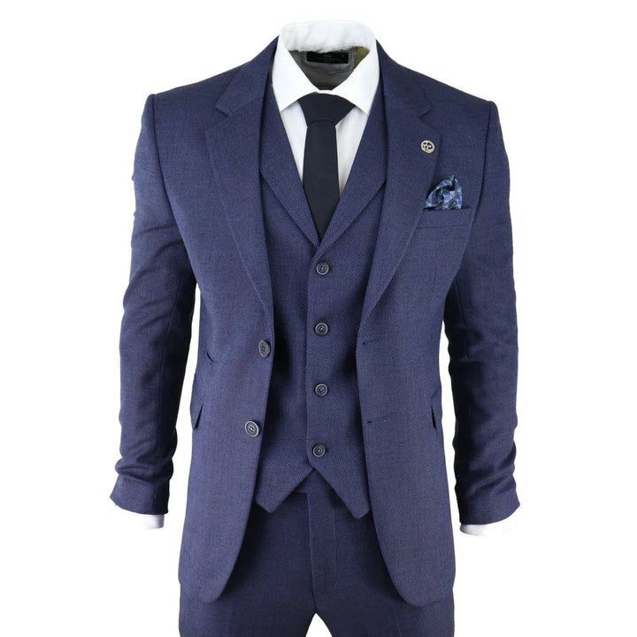 Mens Herringbone Tweed 3 Piece Suit Blue Classic Vintage Tailored Wedding Blinders