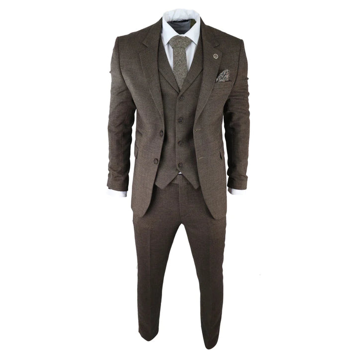 Mens Herringbone Tweed 3 Piece Suit Brown Classic Vintage Tailored Wedding Blinders
