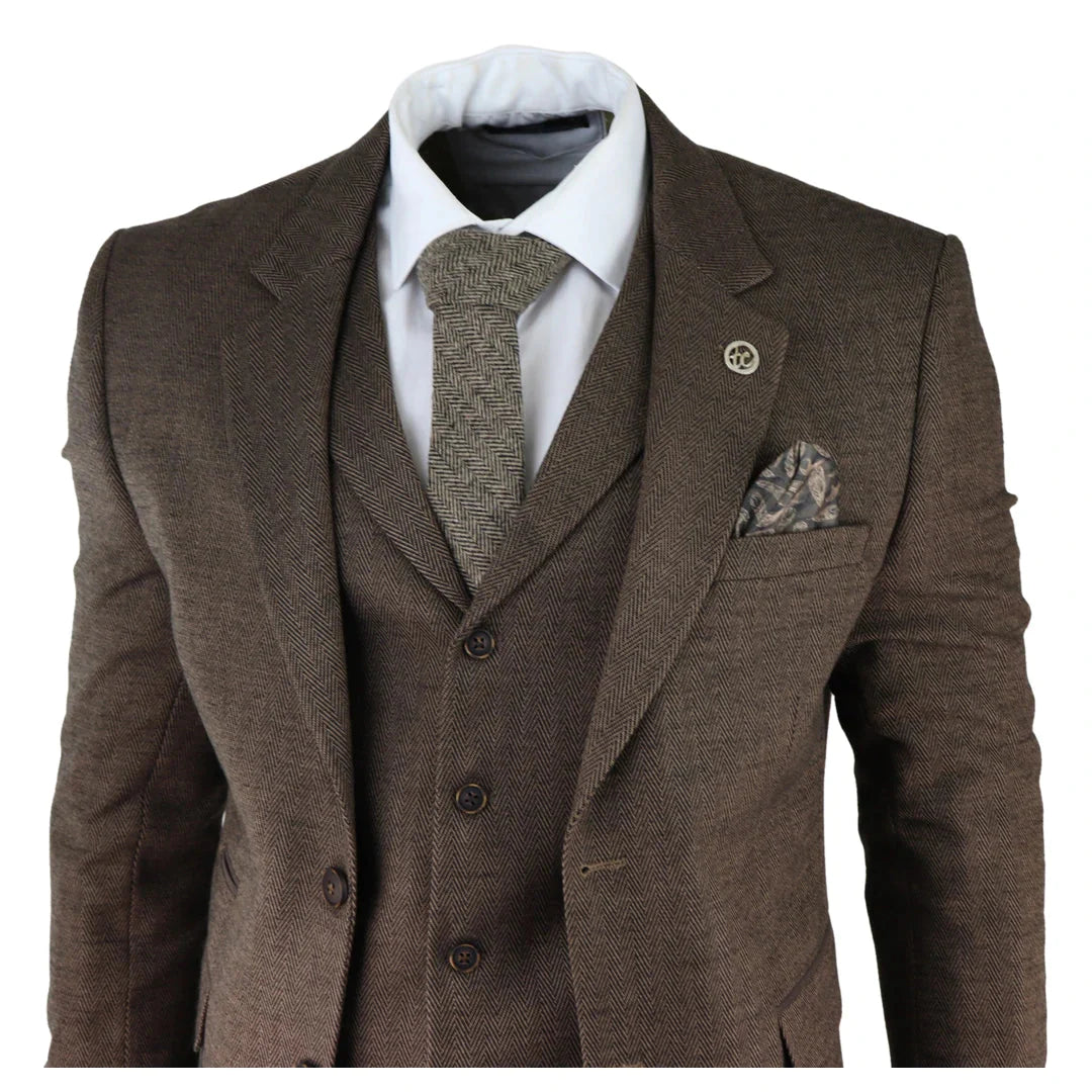 Mens Herringbone Tweed 3 Piece Suit Brown Classic Vintage Tailored Wedding Blinders