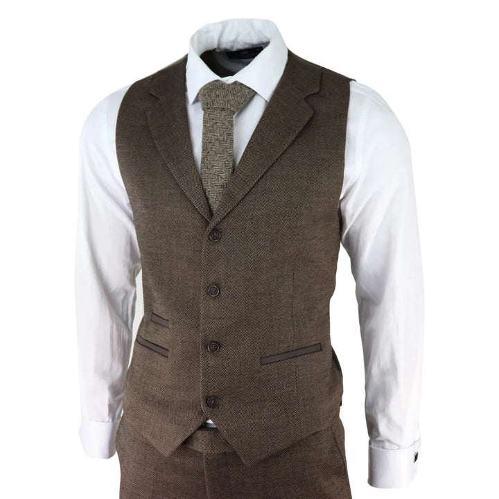 Mens Herringbone Tweed 3 Piece Suit Brown Classic Vintage Tailored Wedding Blinders