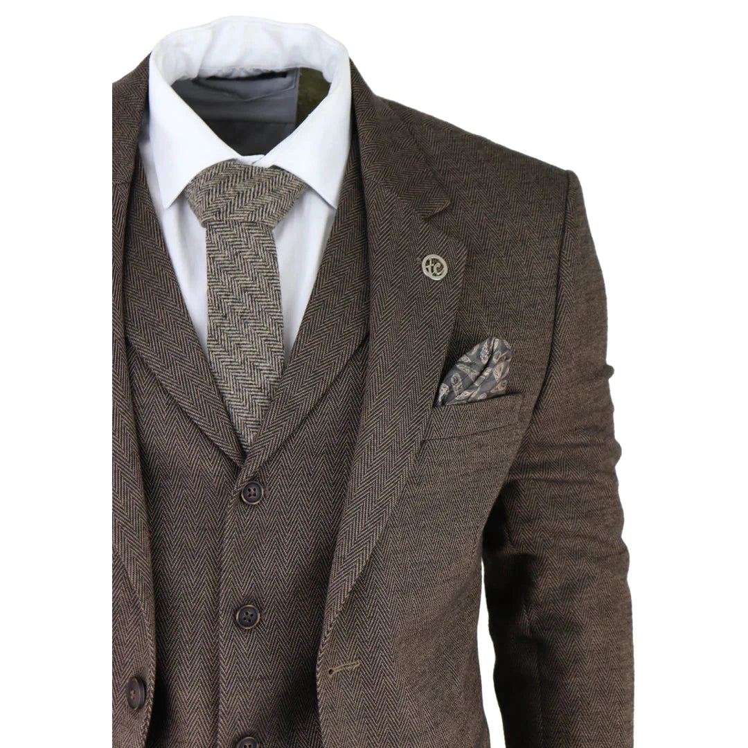 Mens Herringbone Tweed 3 Piece Suit Brown Classic Vintage Tailored Wedding Blinders
