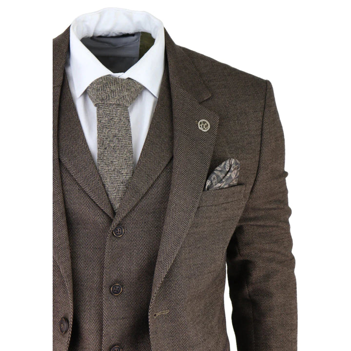 Mens Herringbone Tweed 3 Piece Suit Brown Classic Vintage Tailored Wedding Blinders