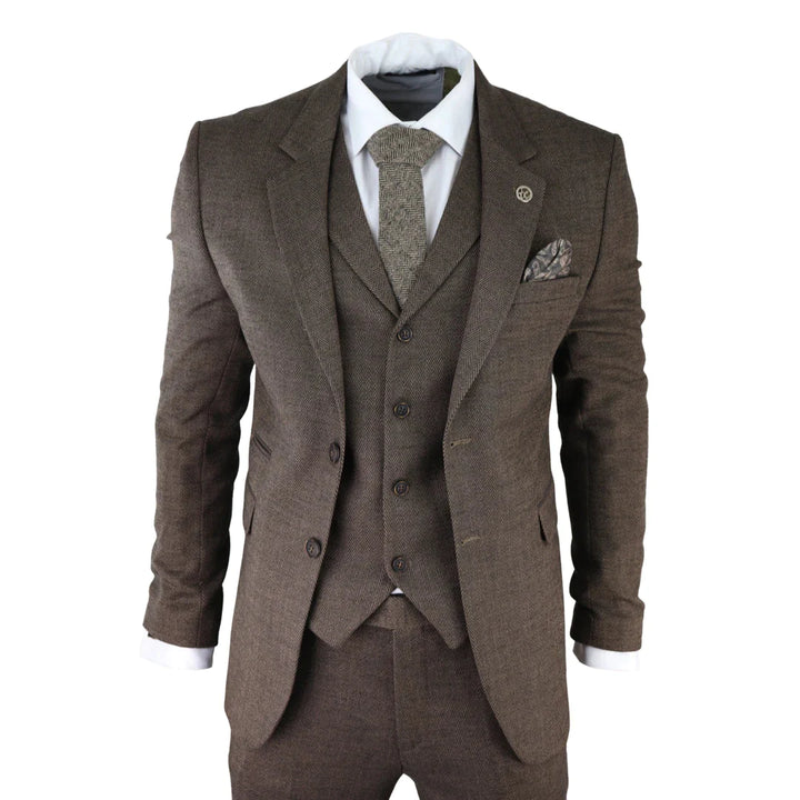 Mens Herringbone Tweed 3 Piece Suit Brown Classic Vintage Tailored Wedding Blinders