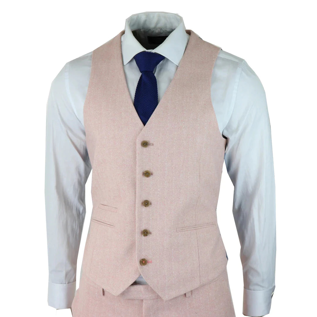 Mens Herringbone Tweed 3 Piece Suit Pink Blush Retro Vintage Short Reg Long