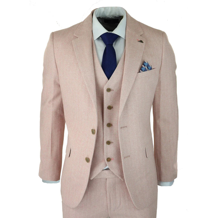 Mens Herringbone Tweed 3 Piece Suit Pink Blush Retro Vintage Short Reg Long