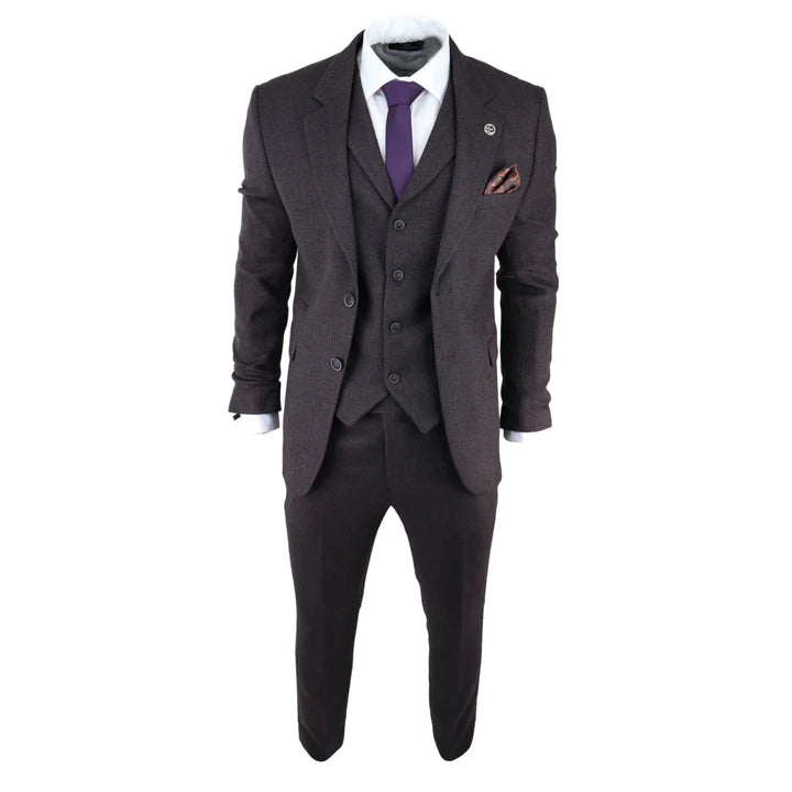 Mens Herringbone Tweed 3 Piece Suit Purple Plum Tailored 1920s Vintage Blinders