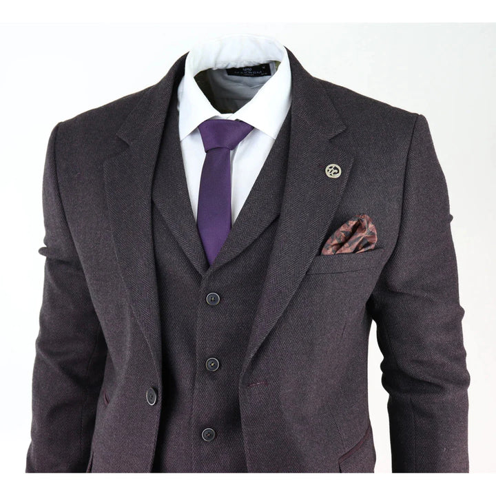 Mens Herringbone Tweed 3 Piece Suit Purple Plum Tailored 1920s Vintage Blinders