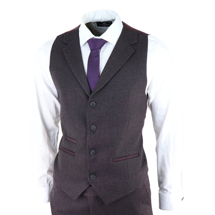 Mens Herringbone Tweed 3 Piece Suit Purple Plum Tailored 1920s Vintage Blinders