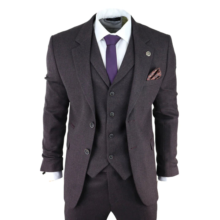 Mens Herringbone Tweed 3 Piece Suit Purple Plum Tailored 1920s Vintage Blinders