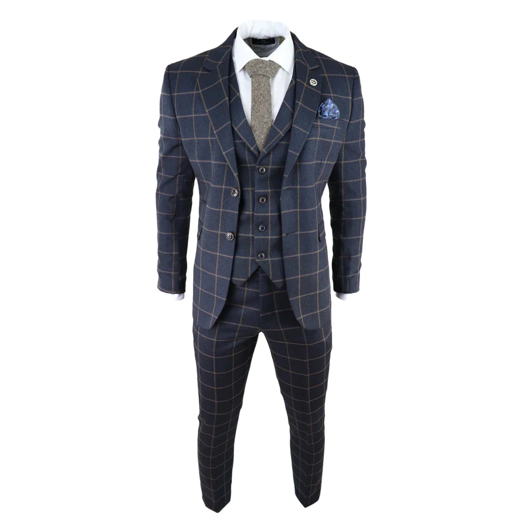 Tru Clothing - 3 Piece Herringbone Navy Blue Suit