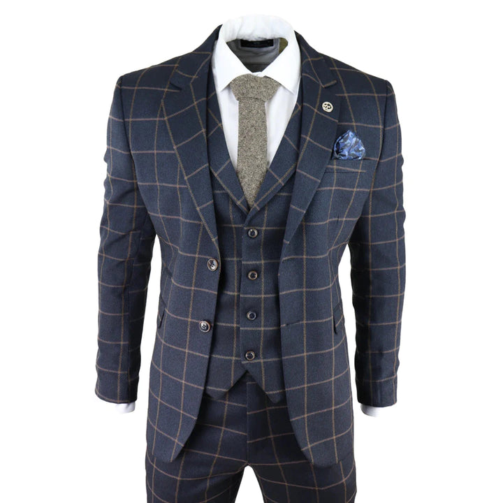 Tru Clothing - 3 Piece Herringbone Navy Blue Suit