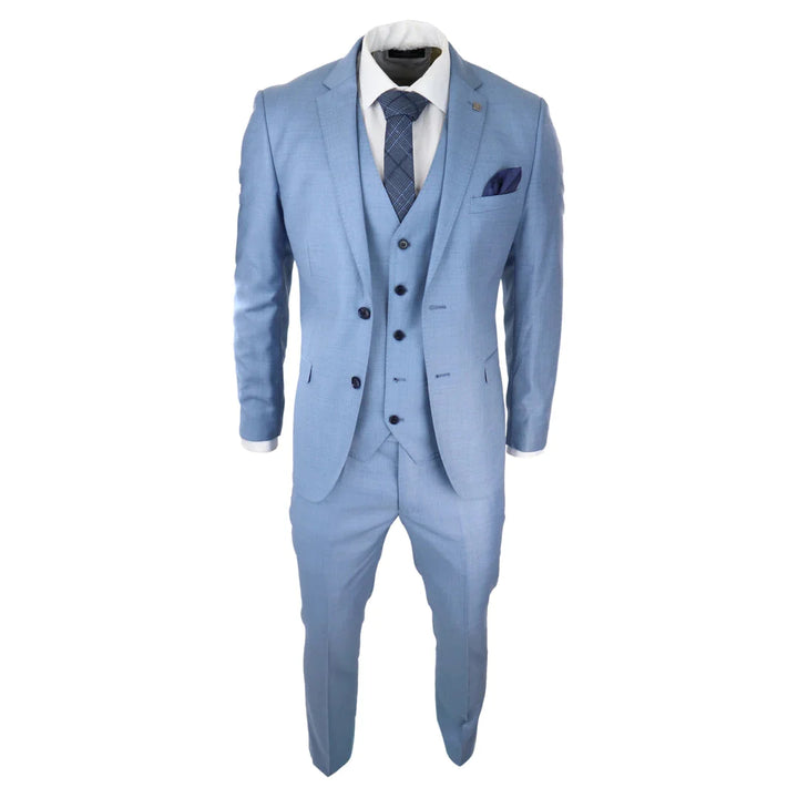 Mens Light Blue Sky 3 Piece Suit Classic Stitch Wedding Summer Prom Classic