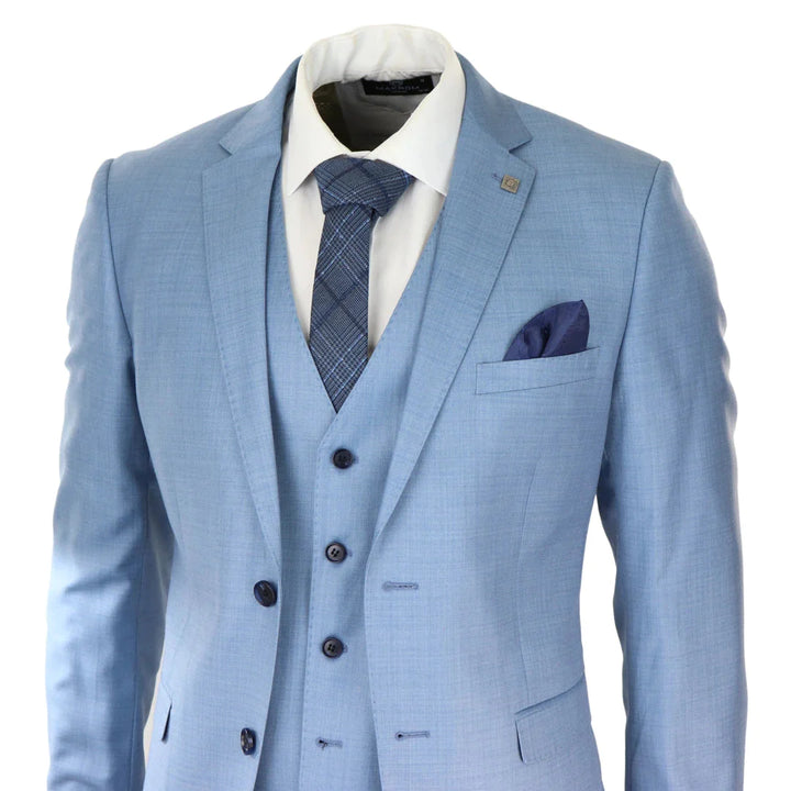 Mens Light Blue Sky 3 Piece Suit Classic Stitch Wedding Summer Prom Classic