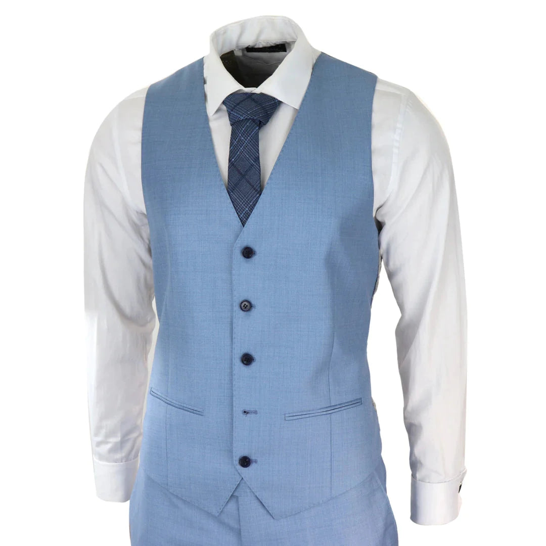 Mens Light Blue Sky 3 Piece Suit Classic Stitch Wedding Summer Prom Classic