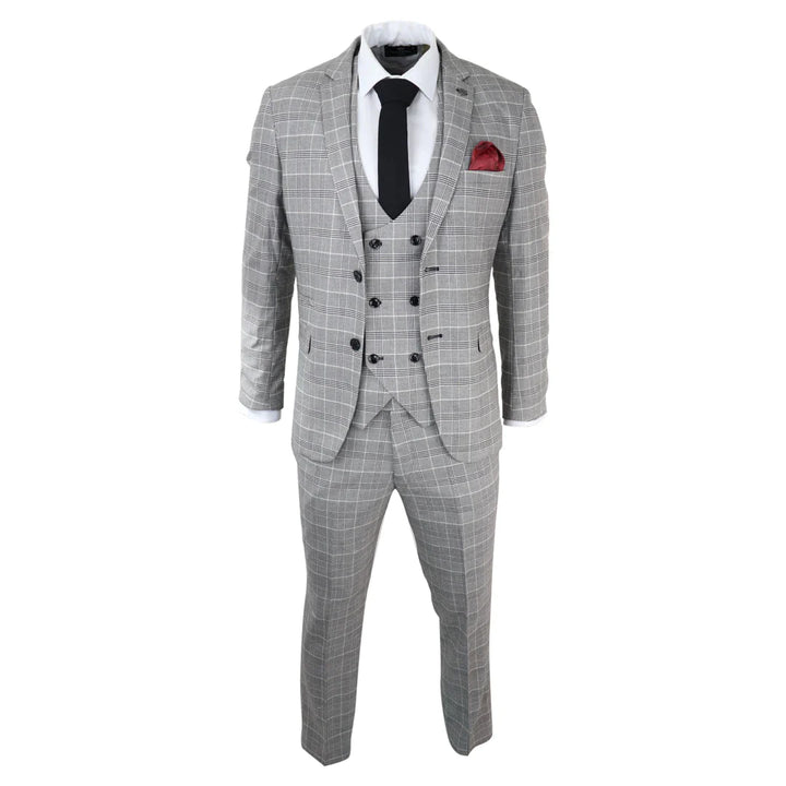 Mens Marc Darcy Grey Prince Of Wales Check Suit Ross Office Wedding Slim Fit Classic