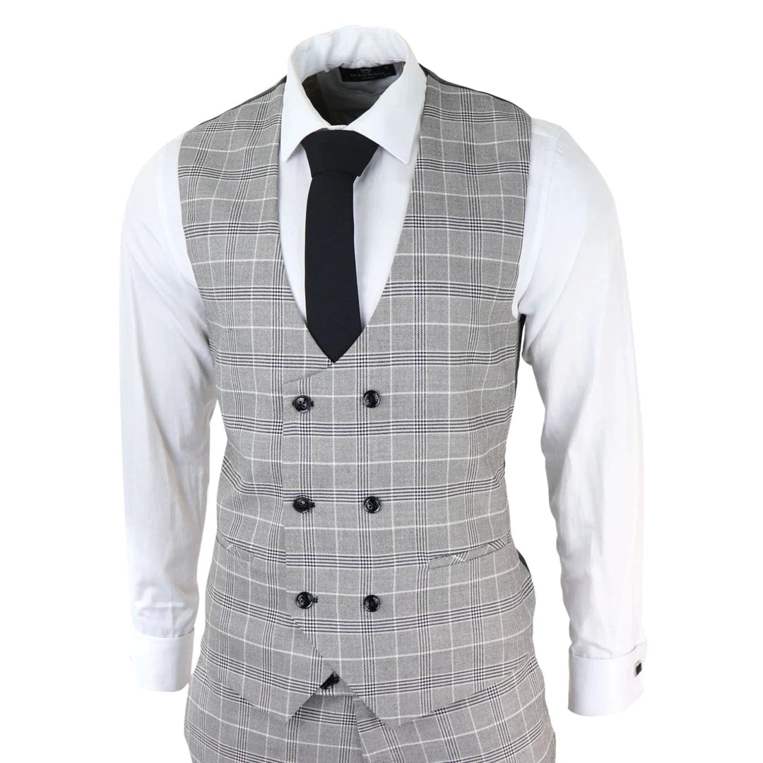 Mens Marc Darcy Grey Prince Of Wales Check Suit Ross Office Wedding Slim Fit Classic