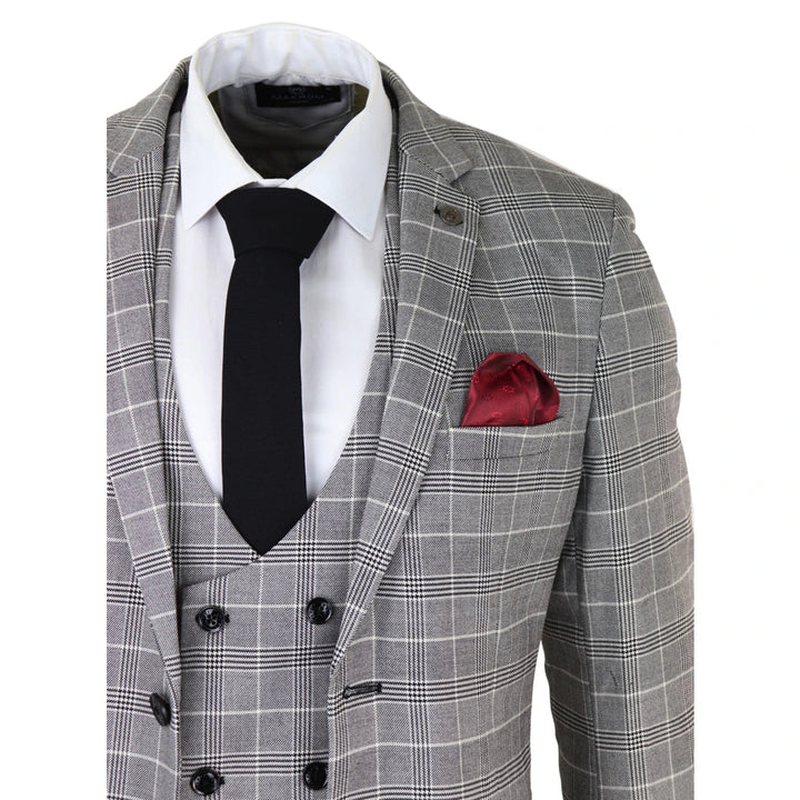 Mens Marc Darcy Grey Prince Of Wales Check Suit Ross Office Wedding Slim Fit Classic