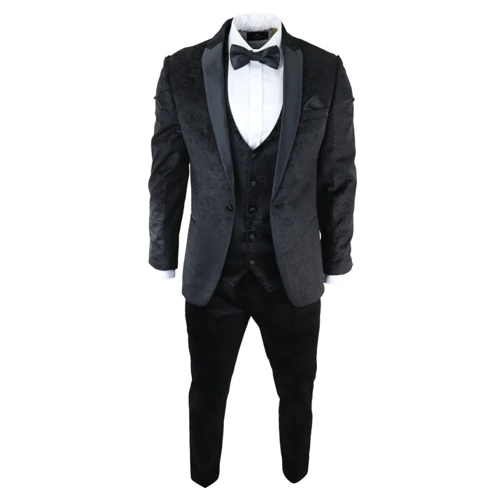 Mens Marc Darcy Velvet Paisley Black Fit 3 Piece Suit Tuxedo Dinner Jacket Wedding