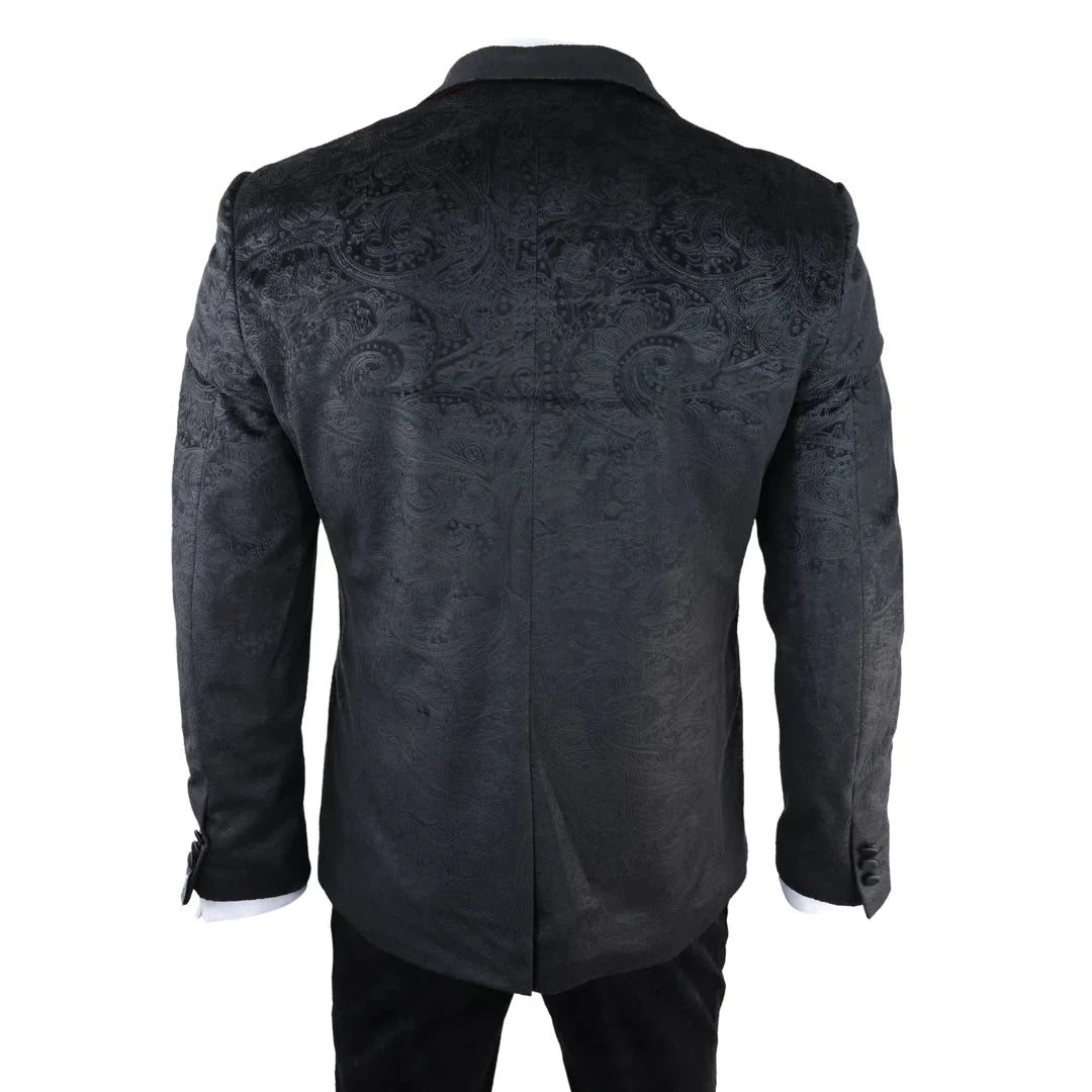 Mens Marc Darcy Velvet Paisley Black Fit 3 Piece Suit Tuxedo Dinner Jacket Wedding